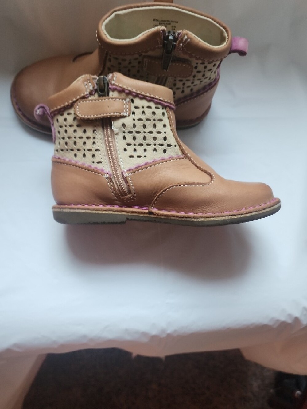 Stride Rite Brown Leather Ankle Boots with Pink Trim - Picture 6 of 7